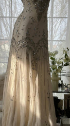 Elegant Spaghetti Straps Apricot Beaded Chiffon Mermaid Gowns Vintage Backless Classy Prom Dress