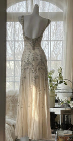 Elegant Spaghetti Straps Apricot Beaded Chiffon Mermaid Gowns Vintage Backless Classy Prom Dress