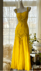 Elegant Spaghetti Straps Apricot Beaded Chiffon Mermaid Gowns Vintage Backless Classy Prom Dress
