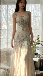 Elegant Spaghetti Straps Apricot Beaded Chiffon Mermaid Gowns Vintage Backless Classy Prom Dress