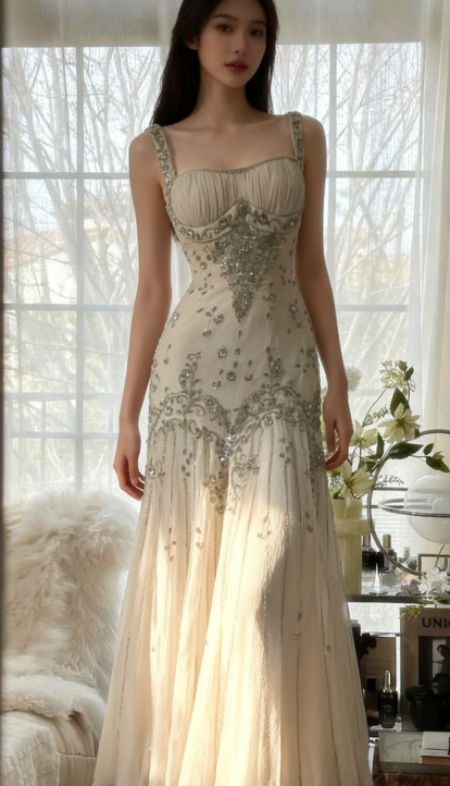 Elegant Spaghetti Straps Apricot Beaded Chiffon Mermaid Gowns Vintage Backless Classy Prom Dress