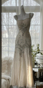 Elegant Spaghetti Straps Apricot Beaded Chiffon Mermaid Gowns Vintage Backless Classy Prom Dress