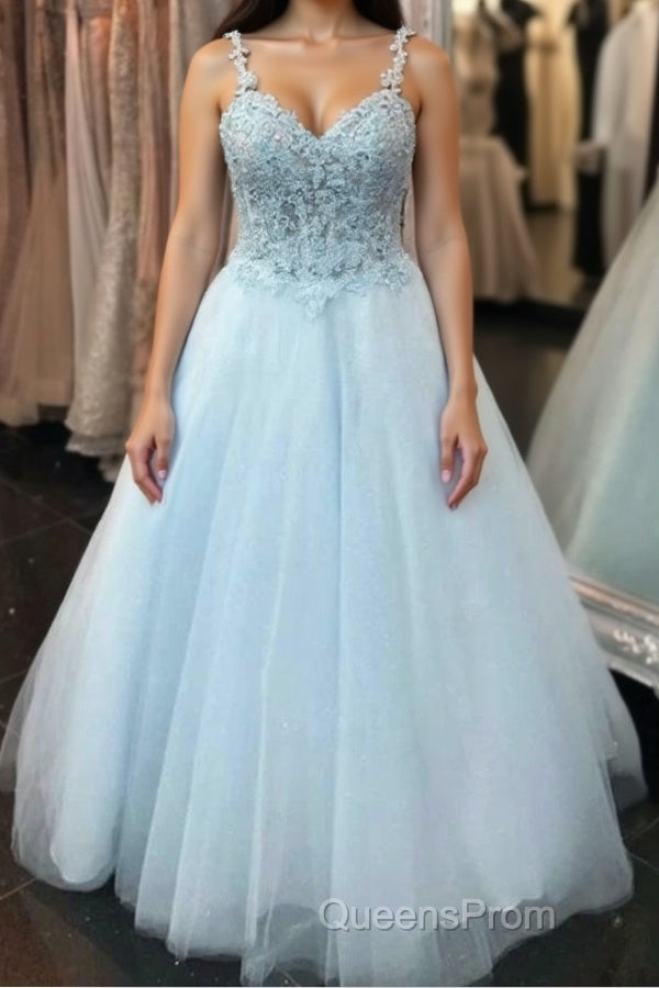 Elegant Spaghetti Straps Backless Long Blue Lace Evening Prom Dress, Backless Blue Lace Formal Graduation Evening Dress Main image