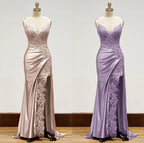Elegant Black Spaghetti Straps Classy Evening Dress Satin Sheath Long Classy Prom Dress With Slits