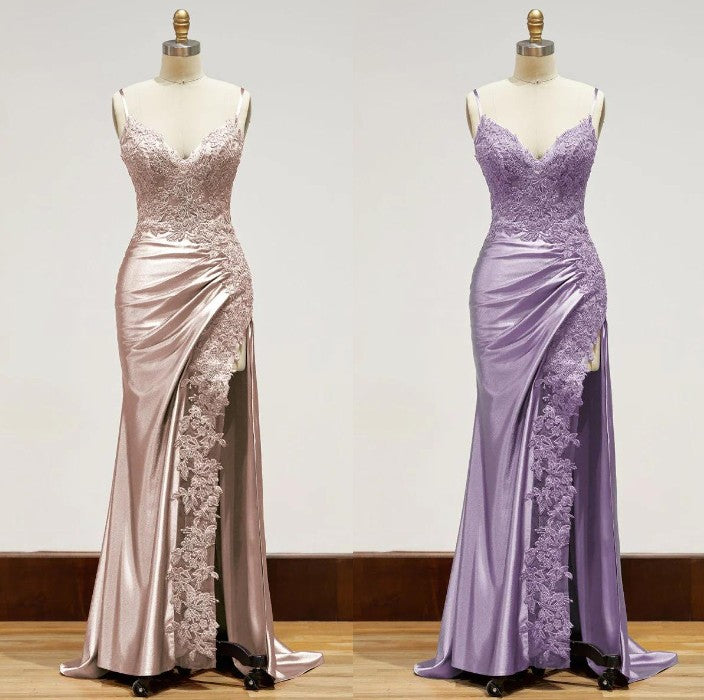 Elegant Black Spaghetti Straps Classy Evening Dress Satin Sheath Long Classy Prom Dress With Slits