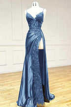 Elegant Black Spaghetti Straps Classy Evening Dress Satin Sheath Long Classy Prom Dress With Slits