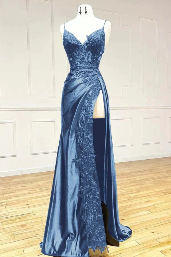 Elegant Black Spaghetti Straps Classy Evening Dress Satin Sheath Long Classy Prom Dress With Slits