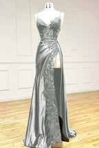 Elegant Black Spaghetti Straps Classy Evening Dress Satin Sheath Long Classy Prom Dress With Slits