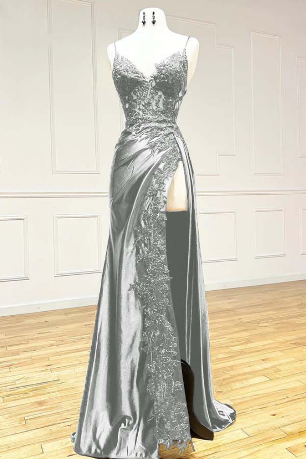 Elegant Black Spaghetti Straps Classy Evening Dress Satin Sheath Long Classy Prom Dress With Slits