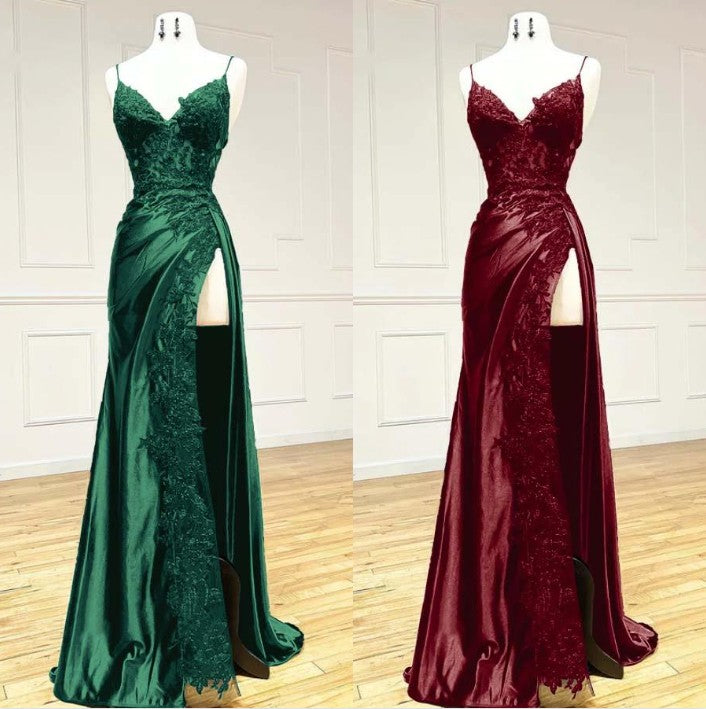 Elegant Black Spaghetti Straps Classy Evening Dress Satin Sheath Long Classy Prom Dress With Slits
