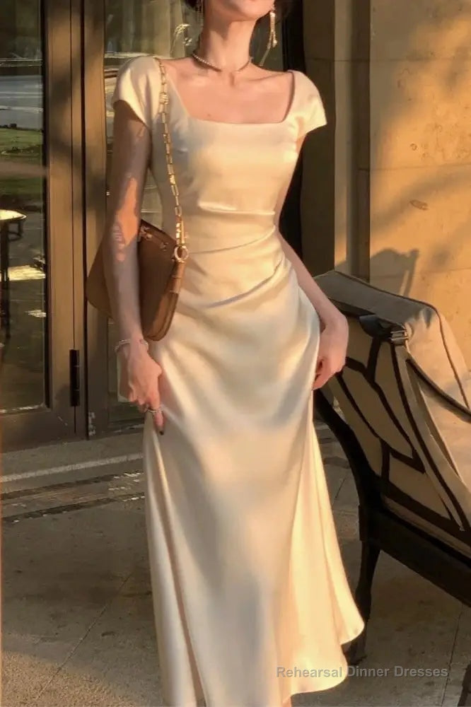 Elegant Square Neck Long Party Dress Beige Satin Mermiad Prom Evening Dress Secondary image