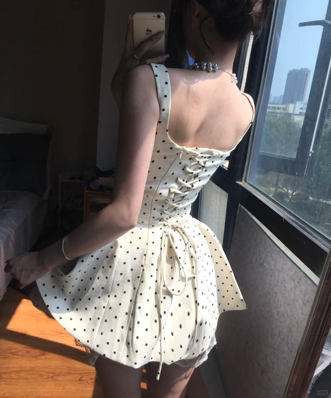 Elegant Square Neck Polka Dot Straps Back Tie Mini Homecoming Dress Secondary image