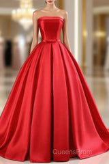 Elegant Strapless Ball Gown Red Evening Prom Dress With Bow