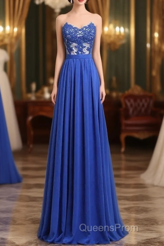 Elegant Strapless Chiffon Evening Lace Appliques Long Evening Prom Dress Royal Blue Main image