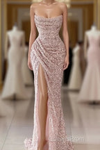 Elegant Strapless Mermaid Sequins Evening Prom Dress Birthday Outfits