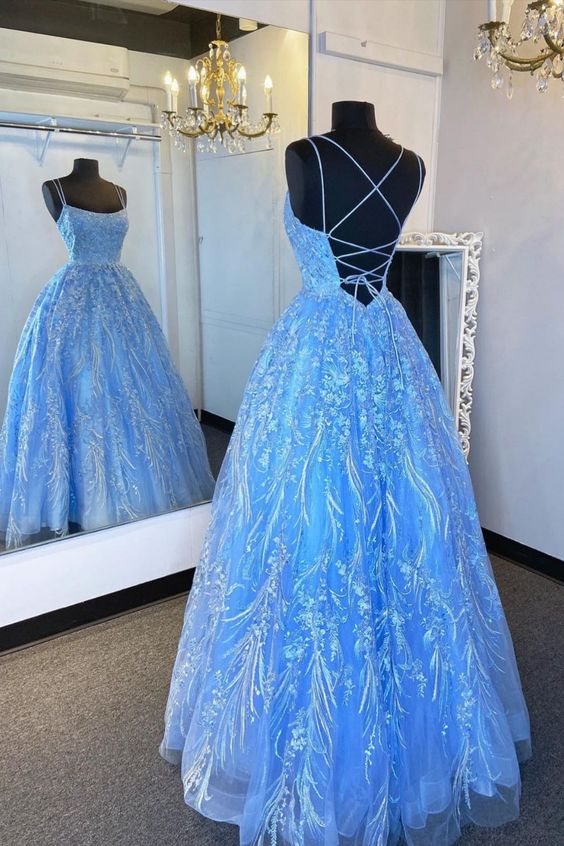 Elegant Straps Blue Appliqued Classy Dress Classy Prom Dress, Classy Evening Dress