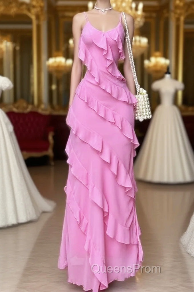 Elegant Straps Sheath Chiffon Evening Prom Dress Pink Ruffles Long Party Dress Main image