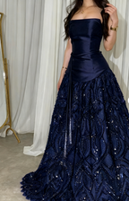 Elegant Straps Sheath Midnight Blue Long Classy Prom Dress Satin Midnight Blue Classy Evening Gowns
