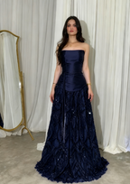 Elegant Straps Sheath Midnight Blue Long Classy Prom Dress Satin Midnight Blue Classy Evening Gowns