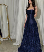 Elegant Straps Sheath Midnight Blue Long Classy Prom Dress Satin Midnight Blue Classy Evening Gowns