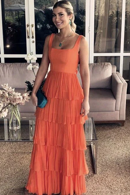 Elegant Straps Square Layered Sleeveless Long Classy Prom Classy Dress