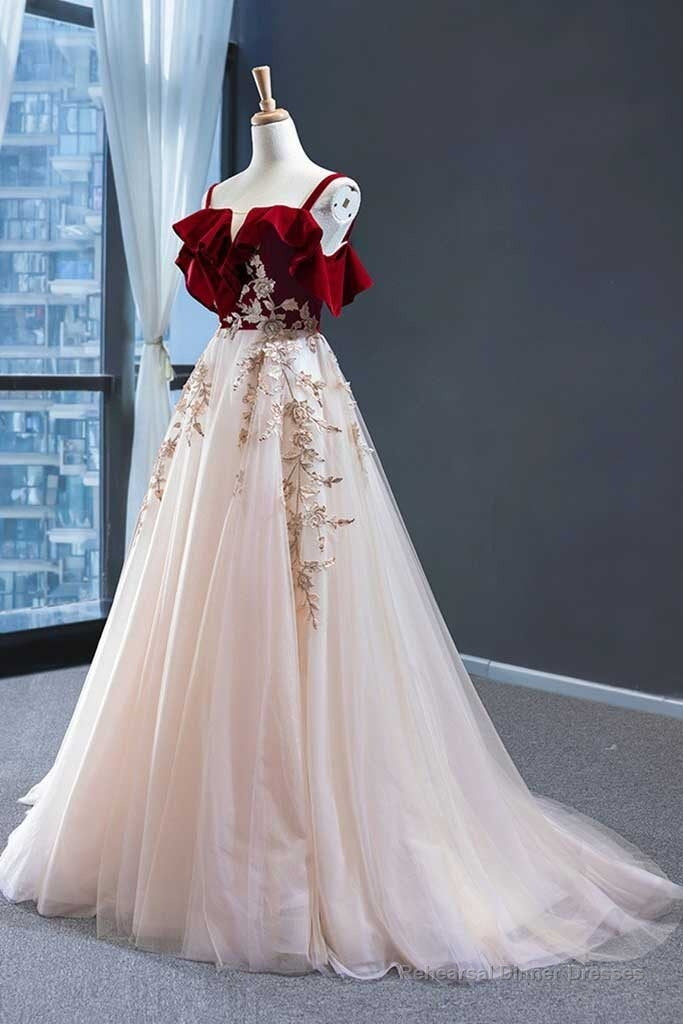 Elegant Straps Tulle with Velvet Red Long Prom Formal Dress,Maxi Dresses Secondary image