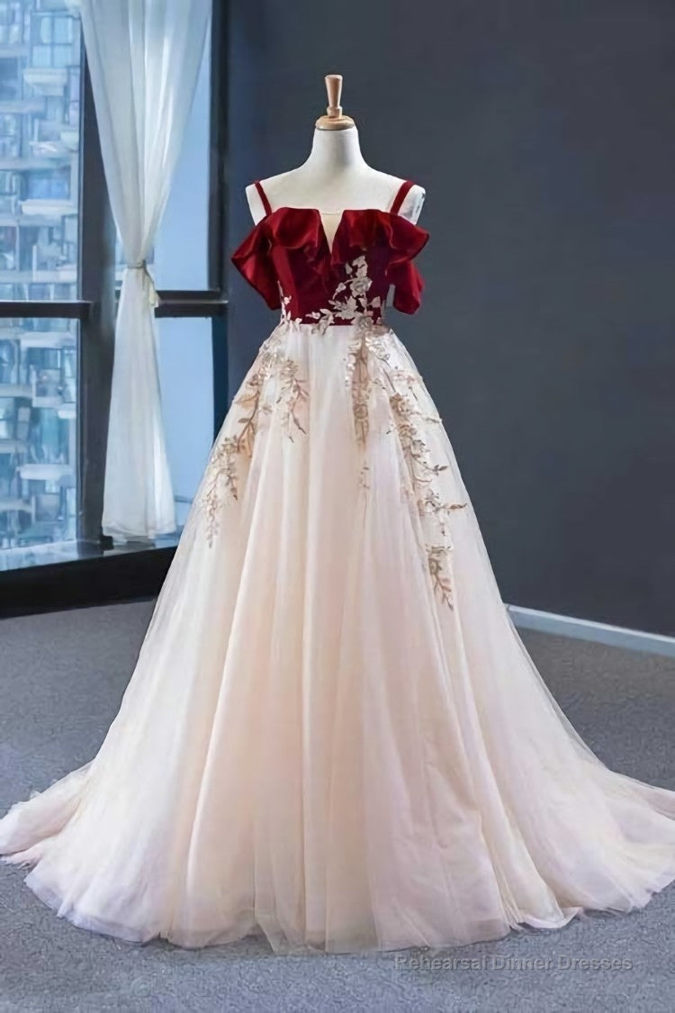 Elegant Straps Tulle with Velvet Red Long Prom Formal Dress,Maxi Dresses Main image
