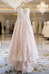 Elegant Sweetheart High Low Blush Wedding Dress With White Lace