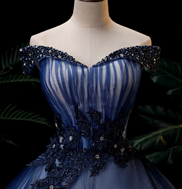 Elegant Teal Blue Off-The-Shoulder Embroidered Tulle Ball Gown Prom Dress Sweet 16 Dress Secondary image