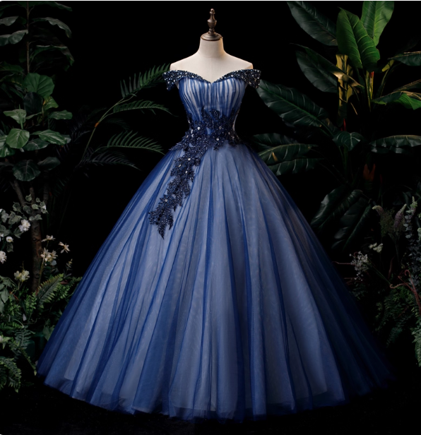 Elegant Teal Blue Off-The-Shoulder Embroidered Tulle Ball Gown Prom Dress Sweet 16 Dress Main image