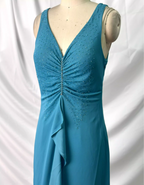 Elegant Teal Blue V-Neck Ruffled Beaded Chiffon Long Classy Prom Dress