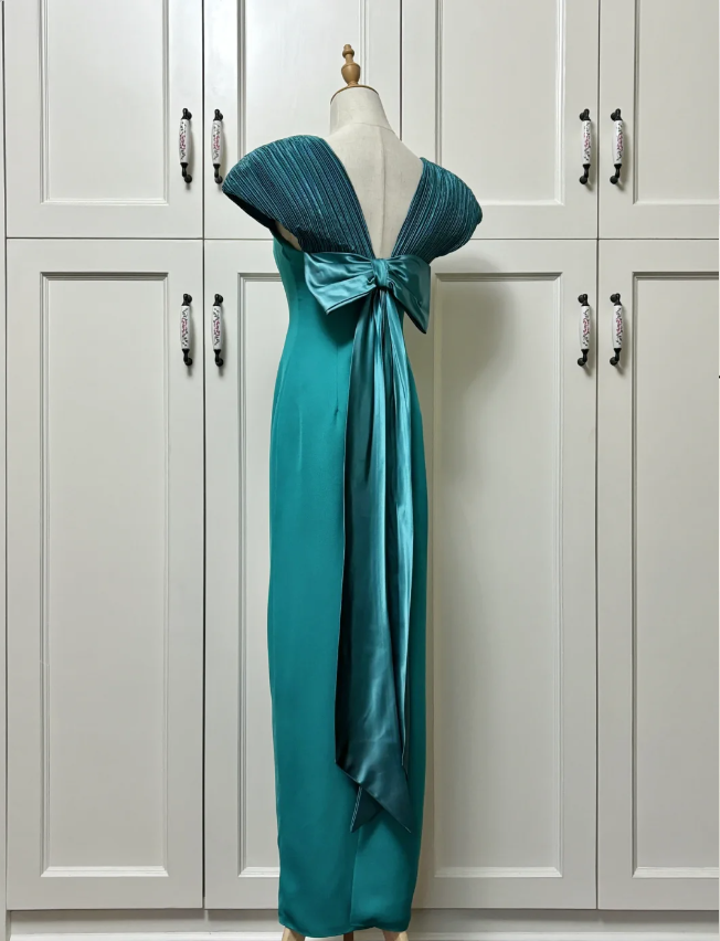 Elegant Teal Bow Fitted Satin Long Classy Prom Dress Secondary image