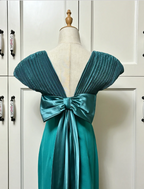 Elegant Teal Bow Fitted Satin Long Classy Prom Dress