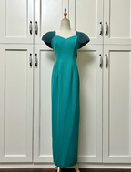 Elegant Teal Bow Fitted Satin Long Classy Prom Dress
