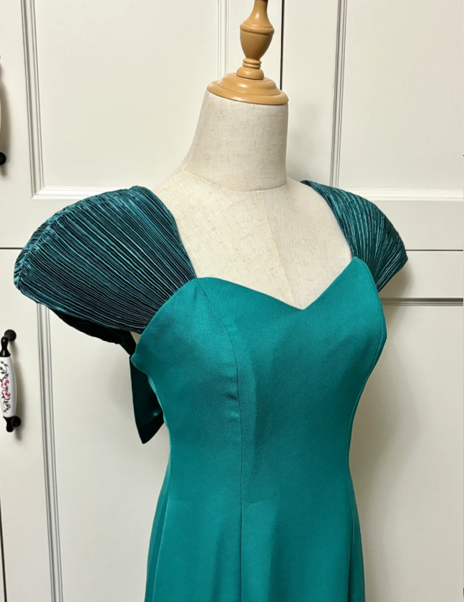 Elegant Teal Bow Fitted Satin Long Classy Prom Dress