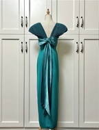 Elegant Teal Bow Fitted Satin Long Classy Prom Dress