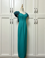 Elegant Teal Bow Fitted Satin Long Classy Prom Dress