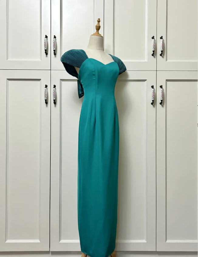 Elegant Teal Bow Fitted Satin Long Classy Prom Dress