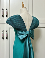 Elegant Teal Bow Fitted Satin Long Classy Prom Dress