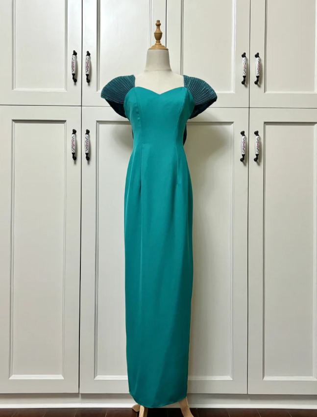 Elegant Teal Bow Fitted Satin Long Classy Prom Dress Main image