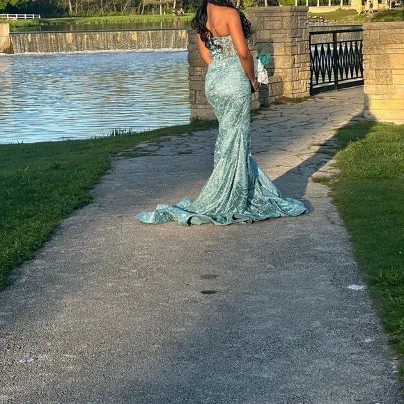 Elegant Teal Strapless Classy Prom Gown
