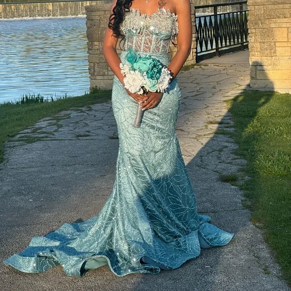 Elegant Teal Strapless Classy Prom Gown
