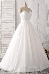 Elegant Thin Shoulder Straps Sweet Floor Mopping White Satin And Floor Length Wedding Dress