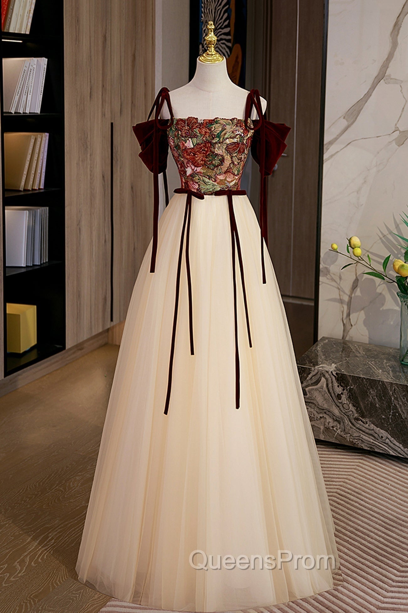 Elegant Tulle Embroidery Long Evening Dress, Cute Off the Shoulder Party Dress Main image