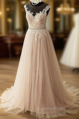 Elegant Tulle Lace Long Evening Prom Dress, A-Line Scoop Neckline Evening Dress