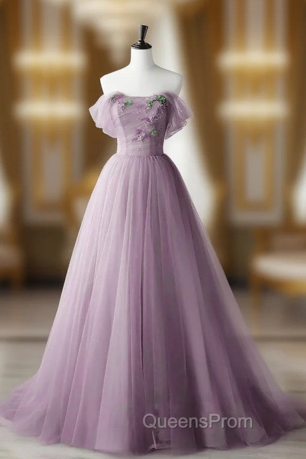 Elegant Tulle Long Party Dress with Flowers, A-line Tulle Evening Dress Evening Prom Dress