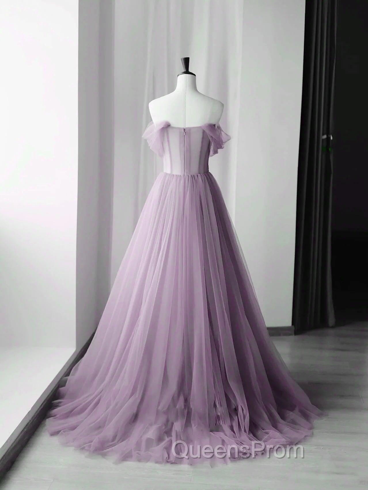 Elegant Tulle Long Party Dress with Flowers, A-line Tulle Evening Dress Evening Prom Dress