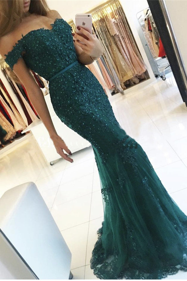 Elegant Tulle Off-The-Shoulder Green Mermaid Evening Dress Sequins Lace Long Main image