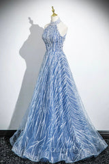Elegant Tulle Sequins Floor Length Evening Prom Dress, Blue Halter A-Line Evening Dress