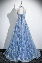 Elegant Tulle Sequins Floor Length Evening Prom Dress, Blue Halter A-Line Evening Dress